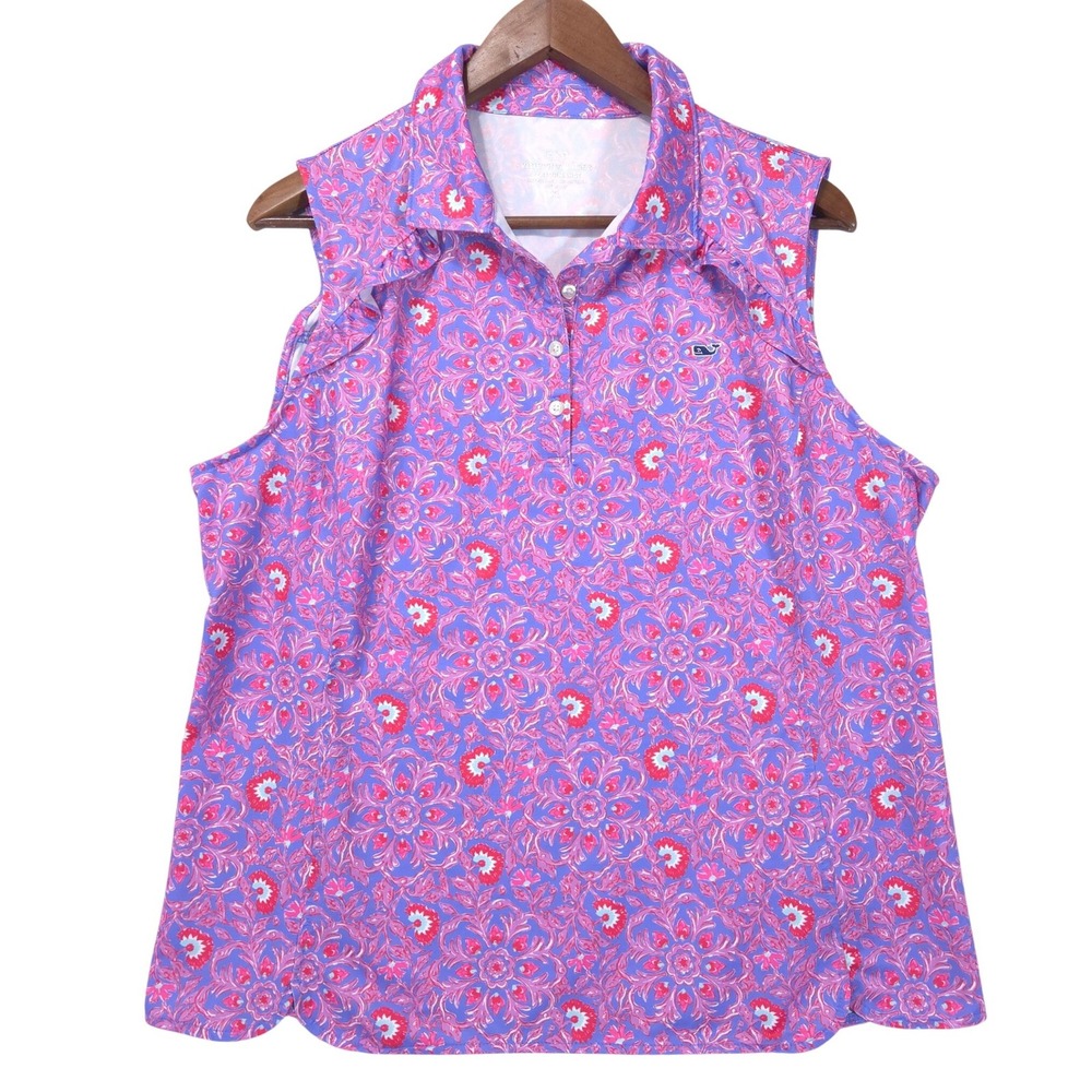 Vineyard Vines Performance Sleeveless Polo Shirt XL Pink Purple Floral Ruffle